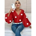 thumbnail image 6 of Women'S French Polka Dot Half-Open Collar Loose Bubble Long Sleeve Top Red Polka Dots XXL, 6 of 7