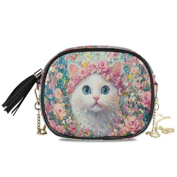 Womens Casual Chain Shoulder Bag Simple style Cat Surrounded by Pink Roses Crossbody Bag