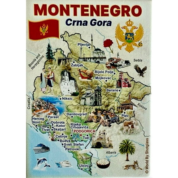 Montenegro Graphic Map and Attractions Souvenir Fridge Magnet 2.5" X 3.5"