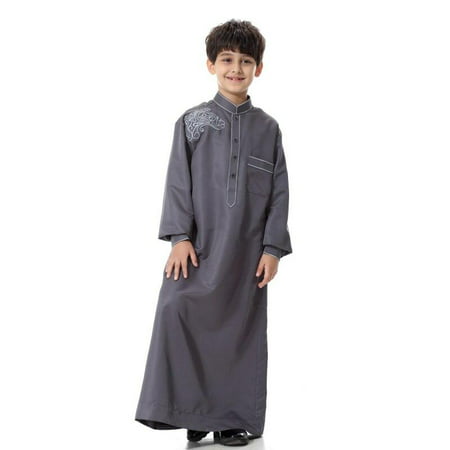 Spring Autumn Child Boys Saudi Style Thobe Thoub Robe Daffah Dishdasha Islamic Arabian Kaftan Dark Gray