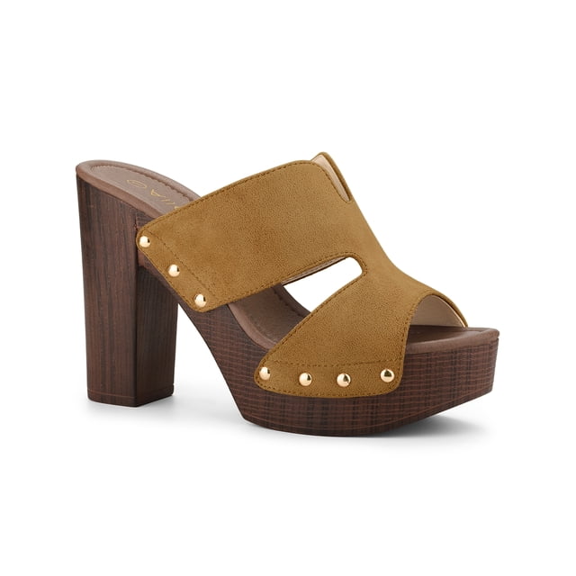 BLISSFUL STEP Women's Faux Suede Platform High Block Heel Slides Sandals Brown 6.5