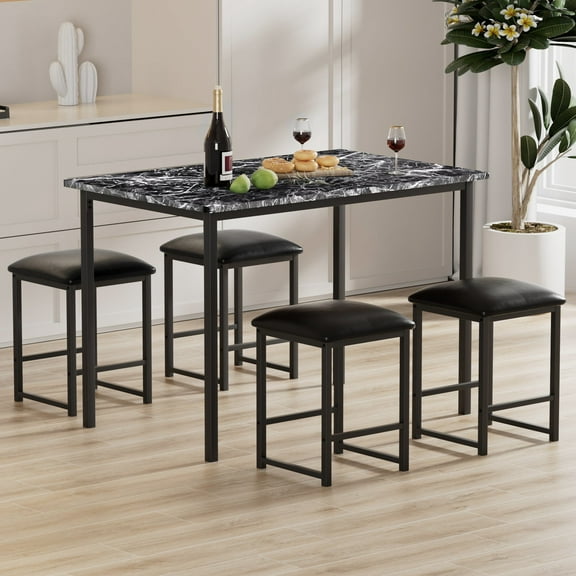 VECELO 5-Piece Dining Table Set with 4 Stools, 43.3" Rectangular Kitchen Table & Chairs Sets, Space-Saving Pub Dining Set for Living Room, Breakfast Nook, Apartment, Black