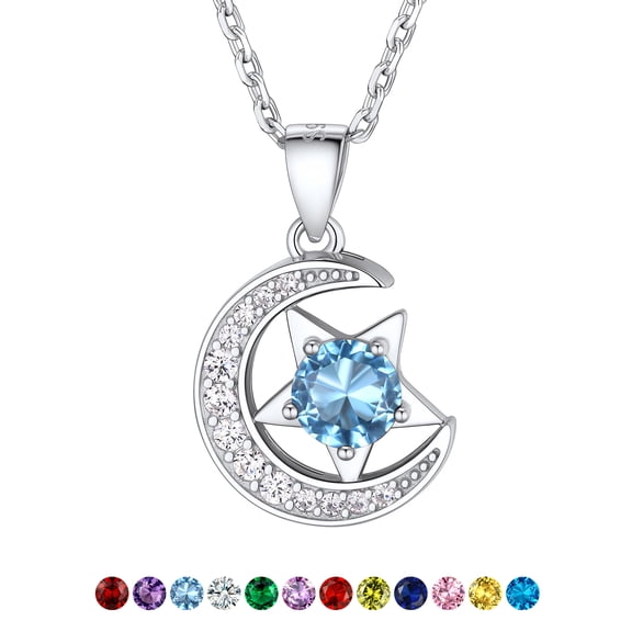 Suplight Sterling Silver Moon Star Women Necklace Cubic Zirconia Birthstone Jewelry Gift for Women