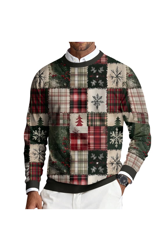 Mens Christmas Sweaters Xmas Tree Holiday Festival Knitted Sweater Xmas Funny Big and Tall Long Sleeve Crew Neck Graphic Pullover