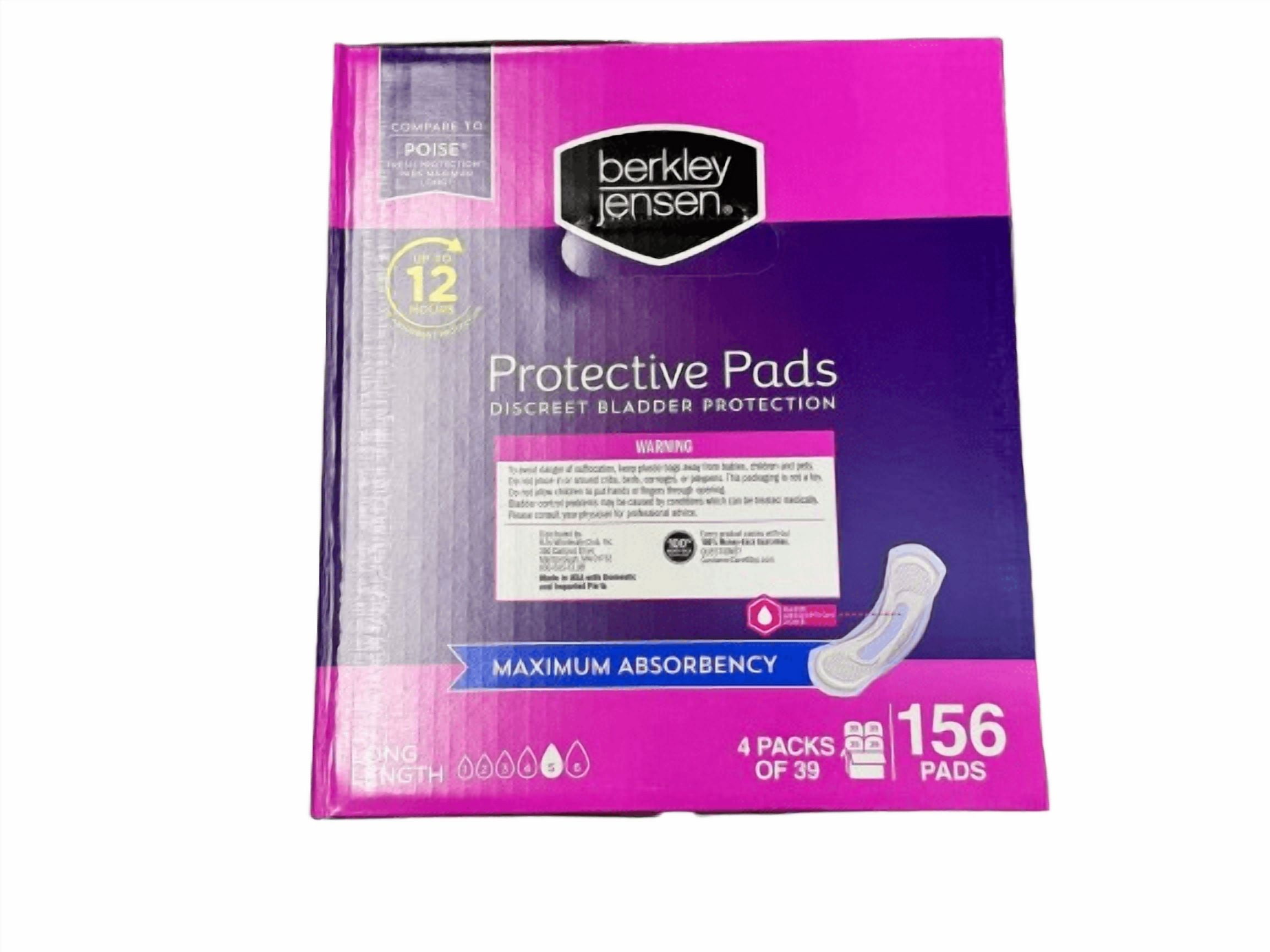 Berkley Jensen Incontinence and Post Partum Bladder Control Pad, Maximum Absorbency, 156 Count