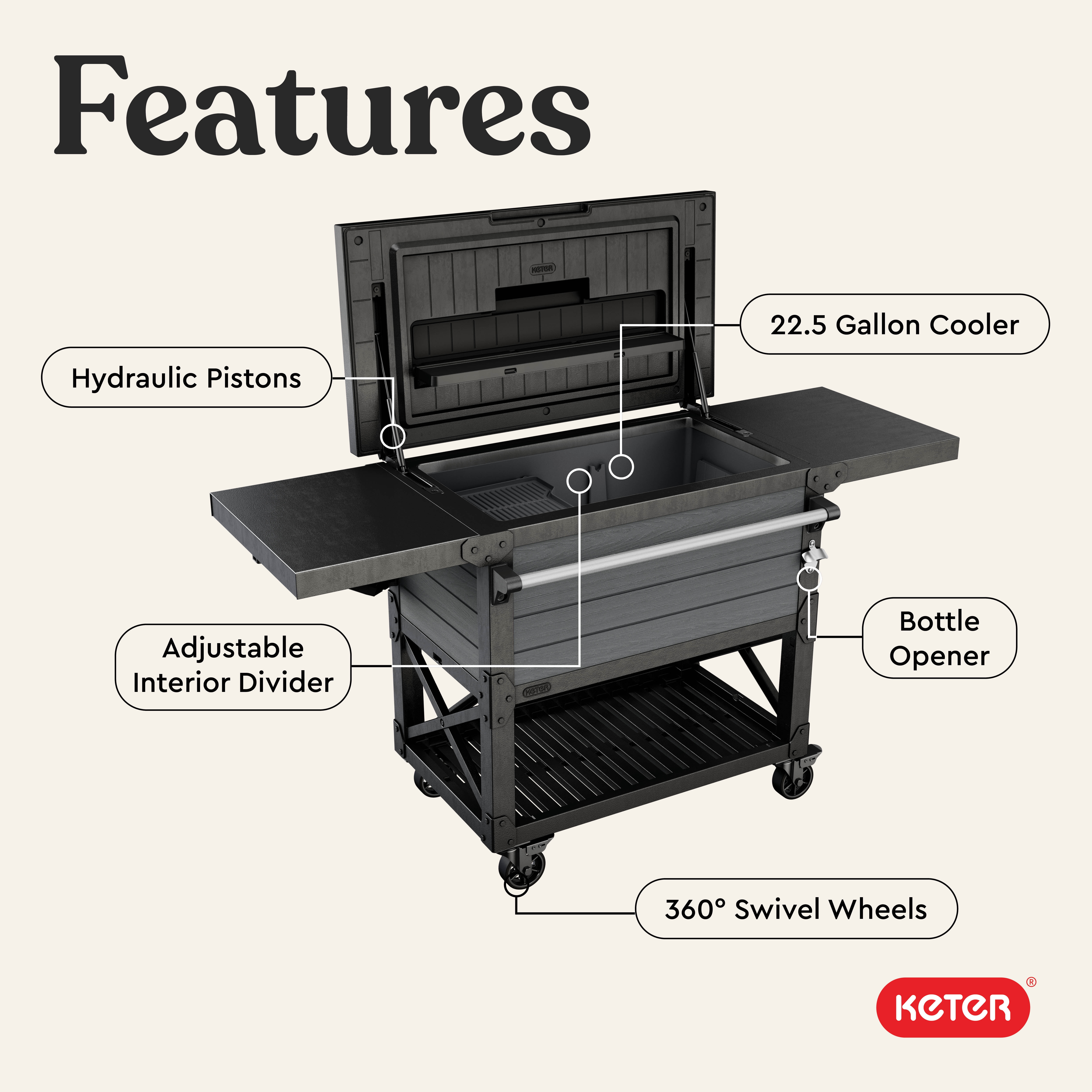 Keter Outdoor Patio Cooling Chest, 89.8 Qt Ice Chest Beverage Bar Cart w/Wheels, Graphite