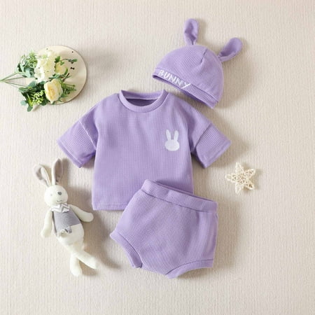 

jsaierl Baby Boys Girls Easter Lovely Embroidered Bunny Candy Color T-shirt Shorts Hat Suit