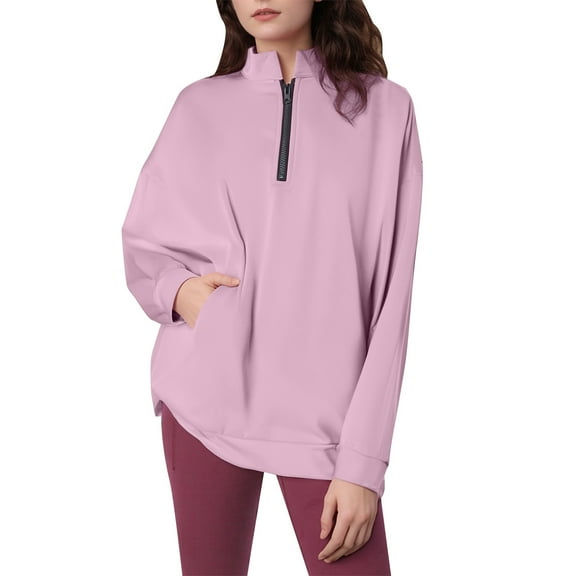 Fiaer,Womens Quarter Zip Dropped Shoulder Sweatshirt,Plus Size Lapel Long Sleeves Pullover,Women's Loose Fit Fashion Tops with 2 Pockets Pink S