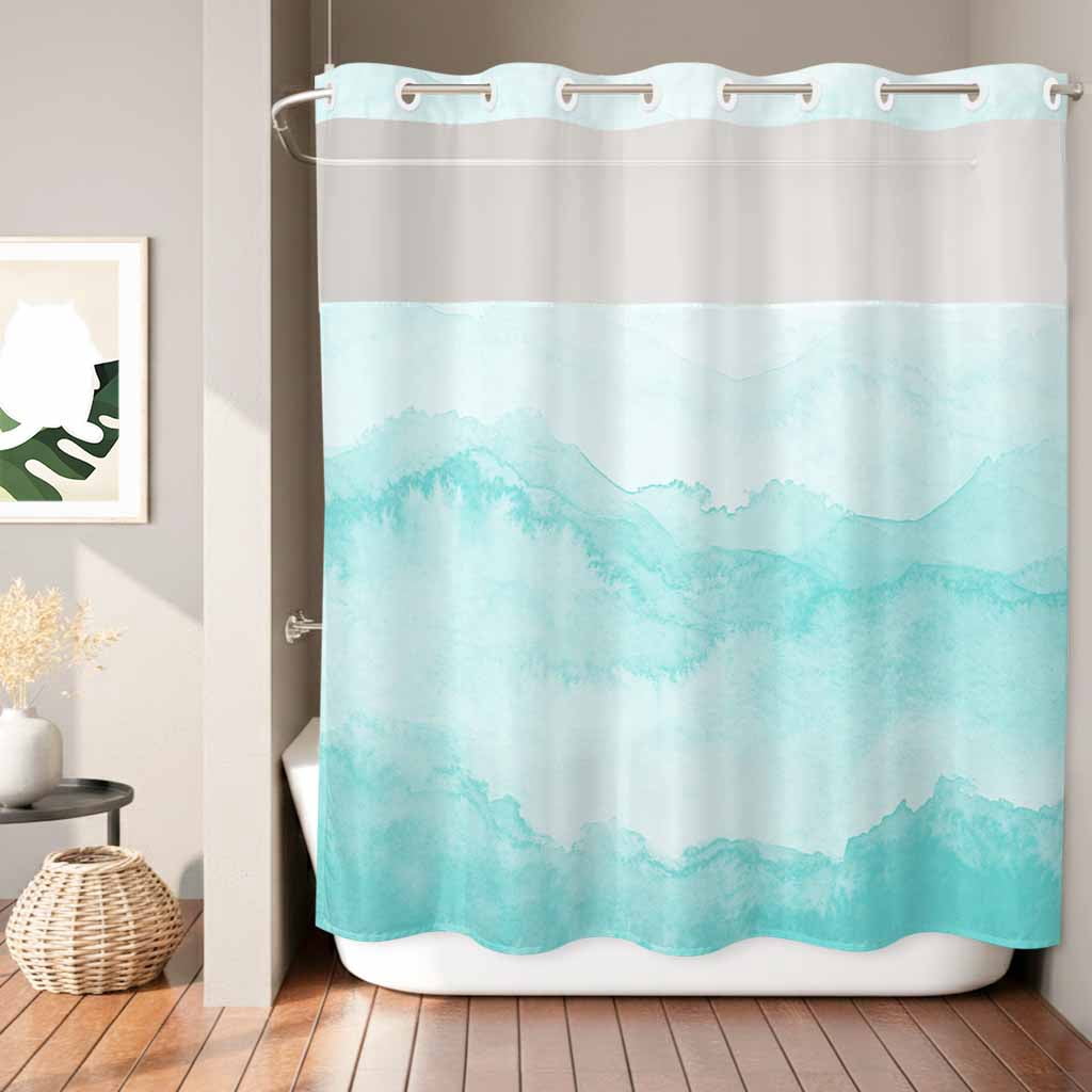 No Hook Shower Curtain Turquoise Mountain Shower Curtain for Bathroom Ombre Abstract Natural Bath Curtains Waterproof Fabric with See Through Top Window for Spa Hotel 72x72 Inch