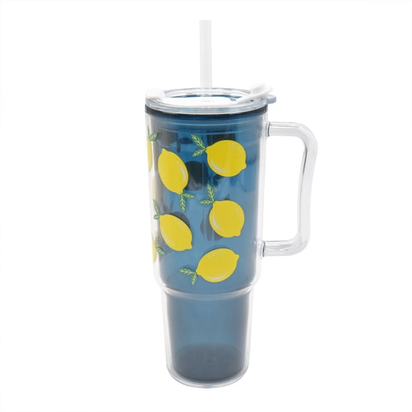 Mainstays 38.7 fl oz Lemon Decal Blue Double-Wall Plastic Portable Straw Tumbler for Adult