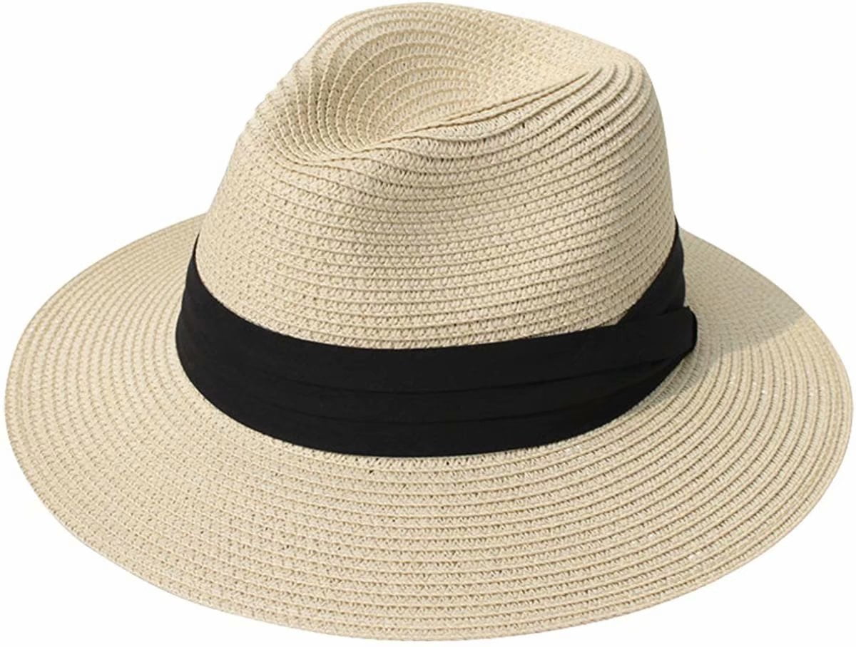 CapsA Wide Brim Straw Panama Roll up Hat for Women Fedora Beach Sun Hats Big Brim Straw Bow Hat