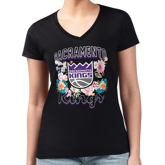 Women's G-III 4Her by Carl Banks Black Sacramento Kings Super-Slim Fit Lightweight Flowers Team Logo Graphic V-Neck