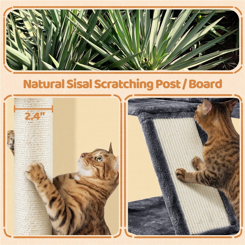 Yaheetech 57.4''H Cat Tree Tower Cat House with 2 Condos, Scratching Posts, Ramp, Dark Gray