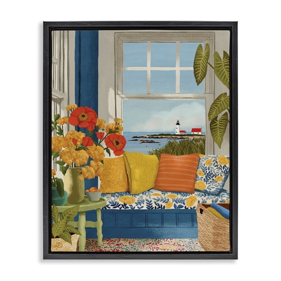 Stupell Industries Bohemian Distant Lighthouse Window View Black Floating Frame Canvas Art, 17 x 21, by Lisa R Dumm