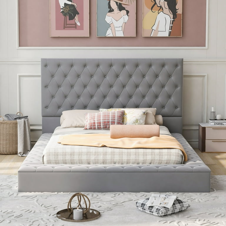 Queen Size Platform Bed Frame with Storage Space on both Sides Button Tufted Style Gray