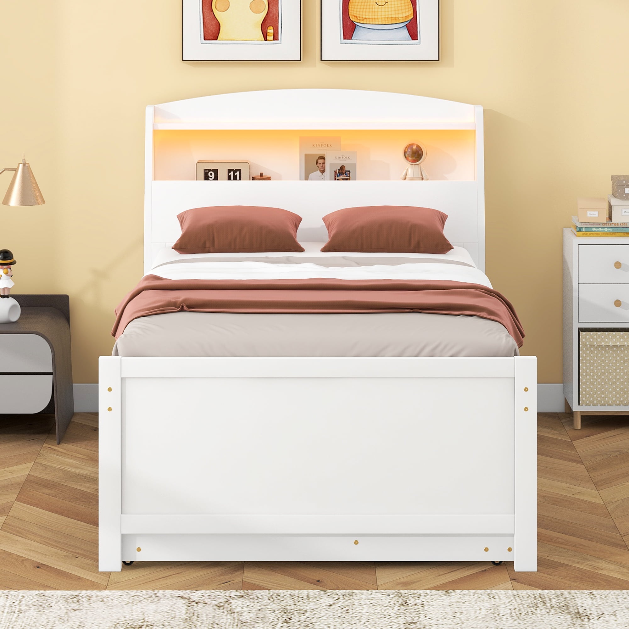 Euroco Wood Twin Size Platform Bed with Storage Headboard, Drawers Trundle and LED Light, White