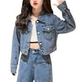 thumbnail image 2 of EnJoCho Teen Girls Crop Denim Jacket Solid Lapel Button Down Long Sleeve Windproof Casual Coat Pockets Outerwear Jean Jacket, 2 of 8