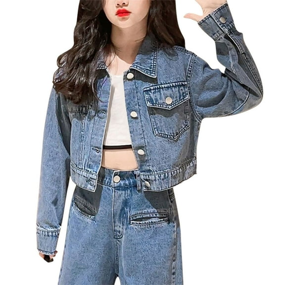 Mercatoo Teen Girls Crop Denim Jacket Solid Lapel Button Down Long Sleeve Outwear Windproof Casual Coat with Pockets