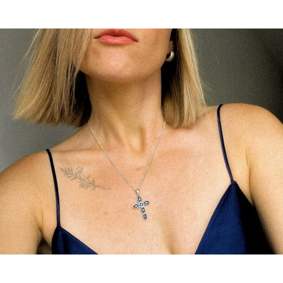 925 Silver Blue Sapphire stone cross pendant sterling silver necklace cz gemstone, Gift for her