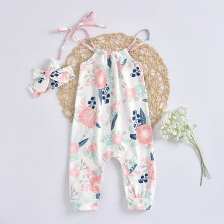 

baby kids girls sleeveless floral print one piece strap romper jumpsuit