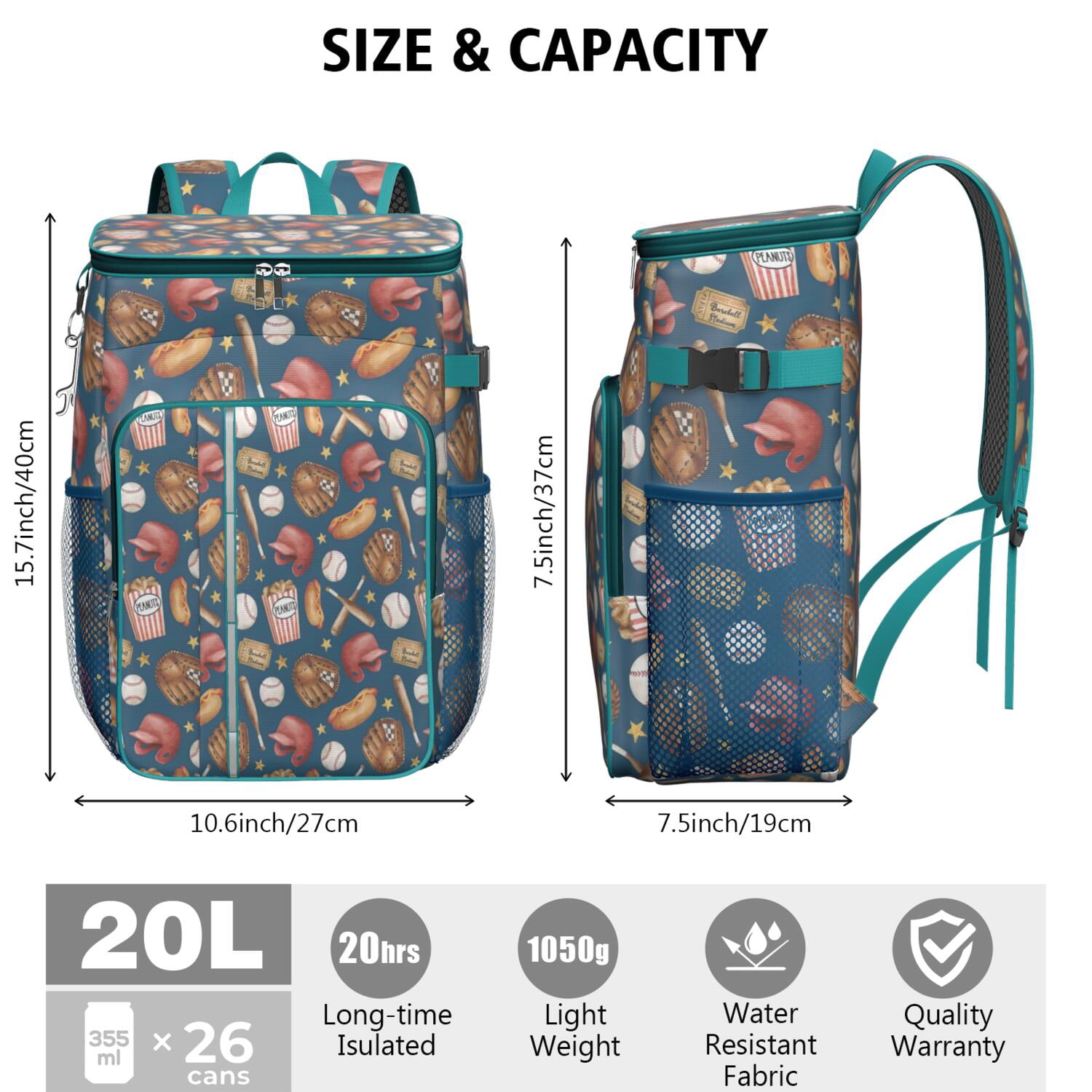 Travel Cooler Bag - Blue Baseball Stadium Pattern Camping Beer Cooler Backpack with Bottle Opener- Waterproof Insulated Picnic Backpacks - Cooler Bag for Beach
