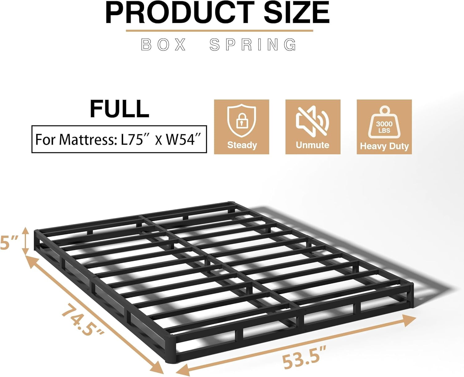 5 Inch Box Spring Full Size Bed, Heavy Duty Metal Mattress Foundation, 3000 lbs Capacity, Low Profile, Noise-Free, Easy Assembly with Fabric Cover