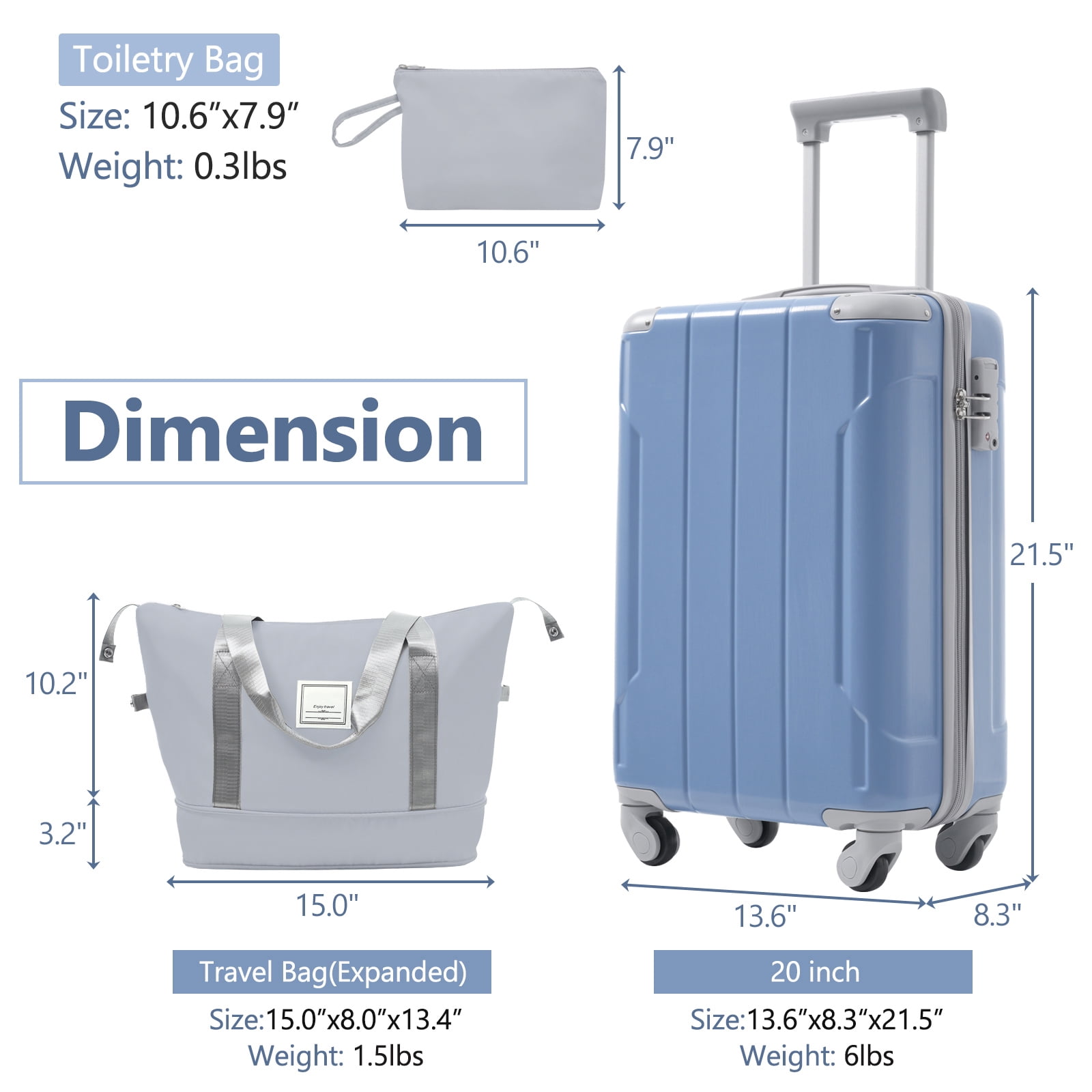 Euroco 20" Carry On Luggage Set 3 Piece,ABS Hardshell Lightweight Suitcase with Spinner Wheels & TSA Lock,Airline Approved Suitcase set for Weedend Getaways,Business Travel,Glacier Lake