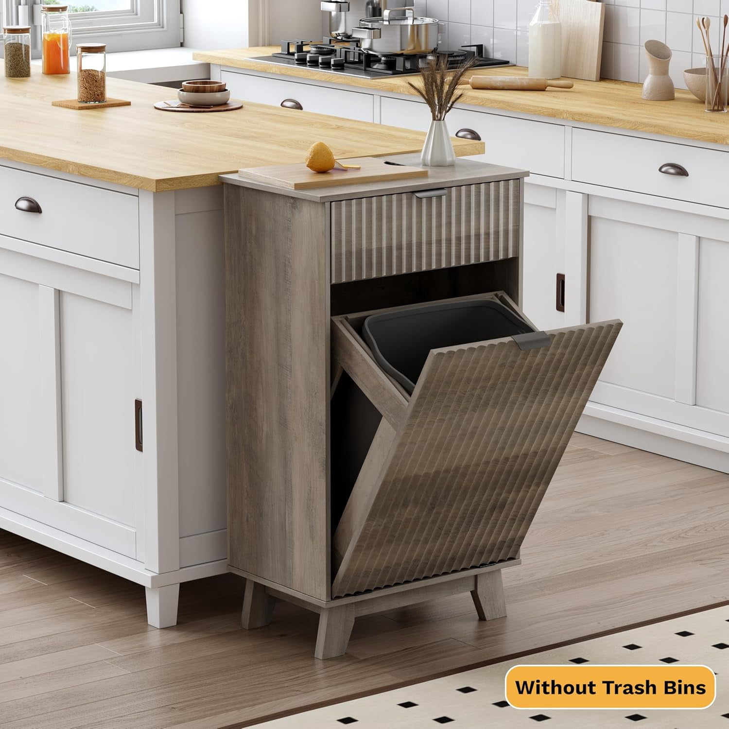 FANRAL Single Tilt Out Laundry Hamper Cabinet,10 Gallon Wooden Hidden Storage Cabinet,Fluted Trash Can for Bathroom Kitchen Living Room,Gray Laundry Basket Cabinet