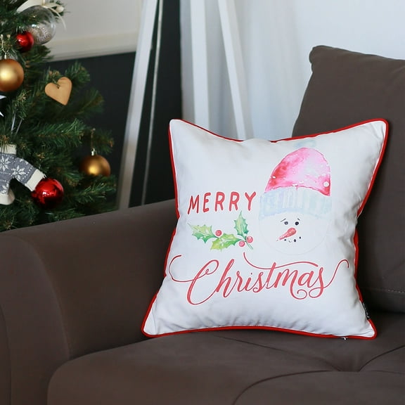 Decorative Christmas Snowman Single Throw Pillow Cover 18" x 18" White & Red Square for Couch, Bedding