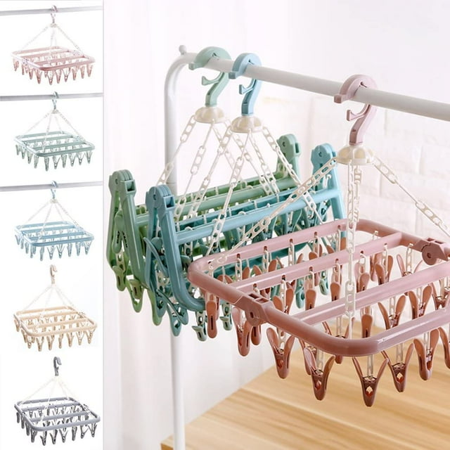 Rejilla para secar calcetines, rejilla para secar ropa de plástico con 32 ganchos resistentes al viento, percha plegable de estilo moderno, para calcetines, ropa interior, plantillas para zapatos,