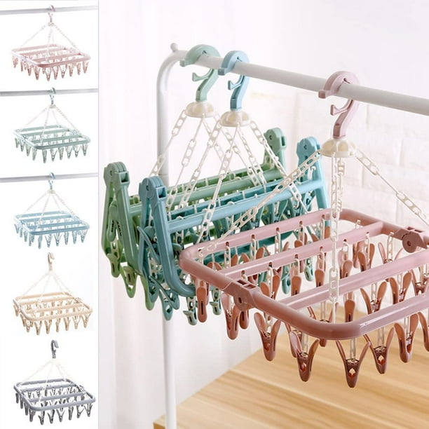 Rejilla para secar calcetines, rejilla para secar ropa de plástico con 32 ganchos resistentes al viento, percha plegable de estilo moderno, para calcetines, ropa interior, plantillas para zapatos,