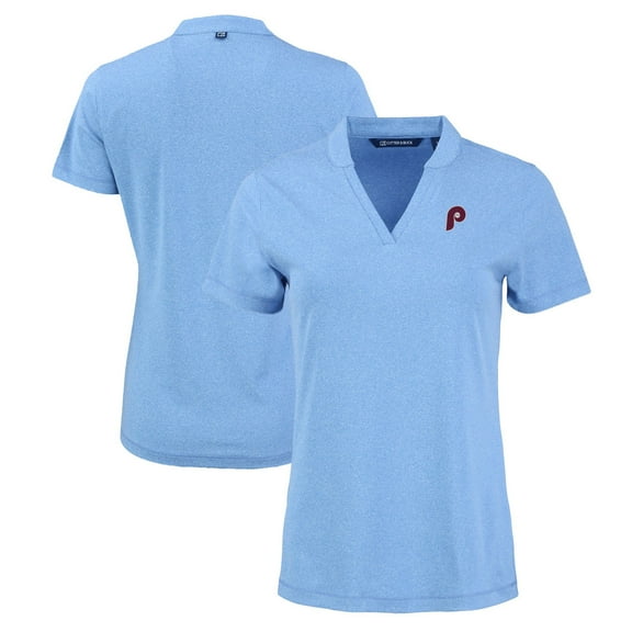 Women's Cutter & Buck Heather Light Blue Philadelphia Phillies Forge Stretch Blade DryTec V-Neck Polo