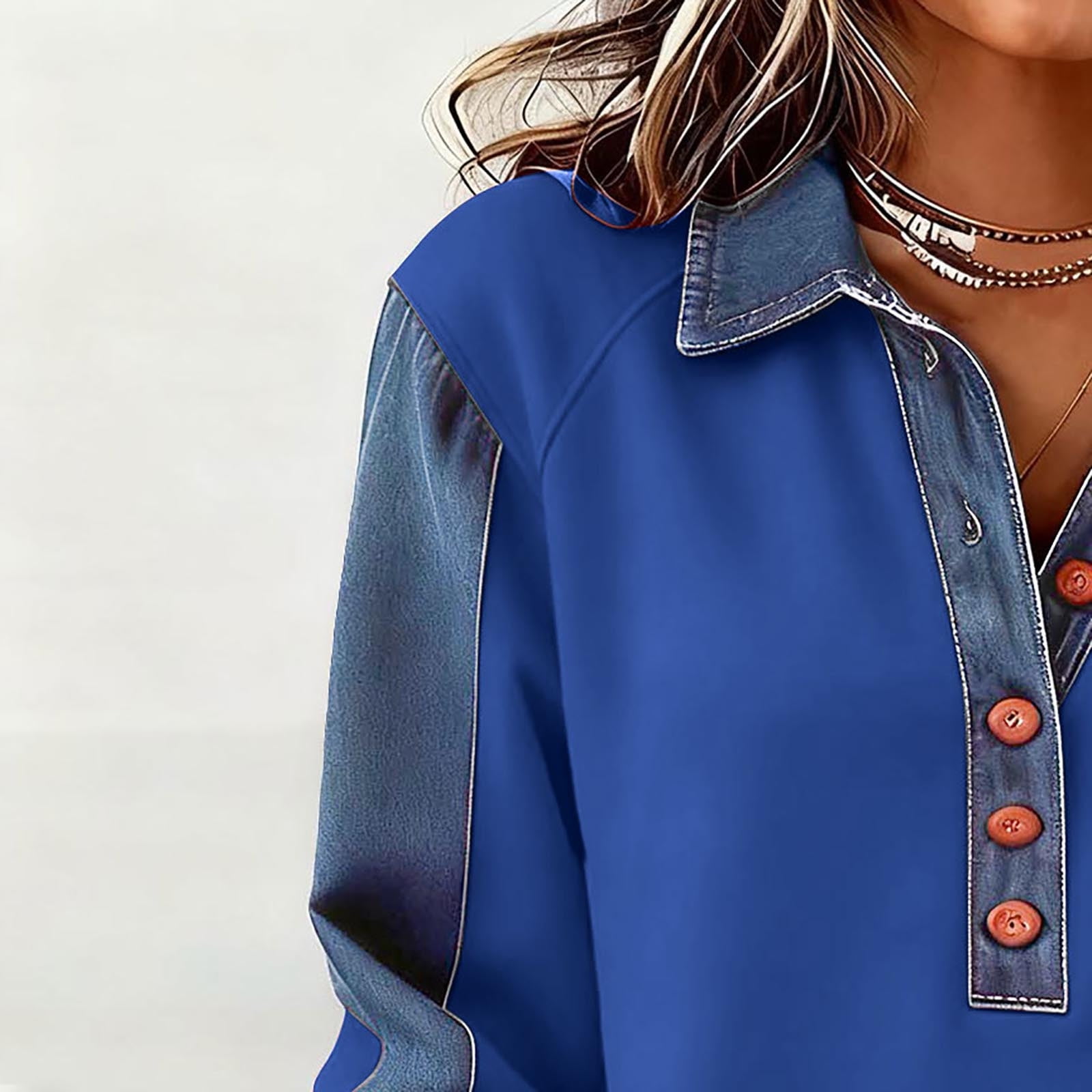 Denim Sweater for Women Collar Button up Patchwork Pullover Tops Vintage Knit Jean Casual Wear Blouses