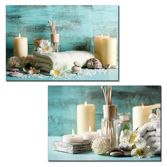 wall26 - 2 Panel Canvas Wall Art - Spa Still Life with Candles and Towels - Giclee Print Gallery Wrap Modern Home Art Ready to Hang - 16"x24" x 2 Panels