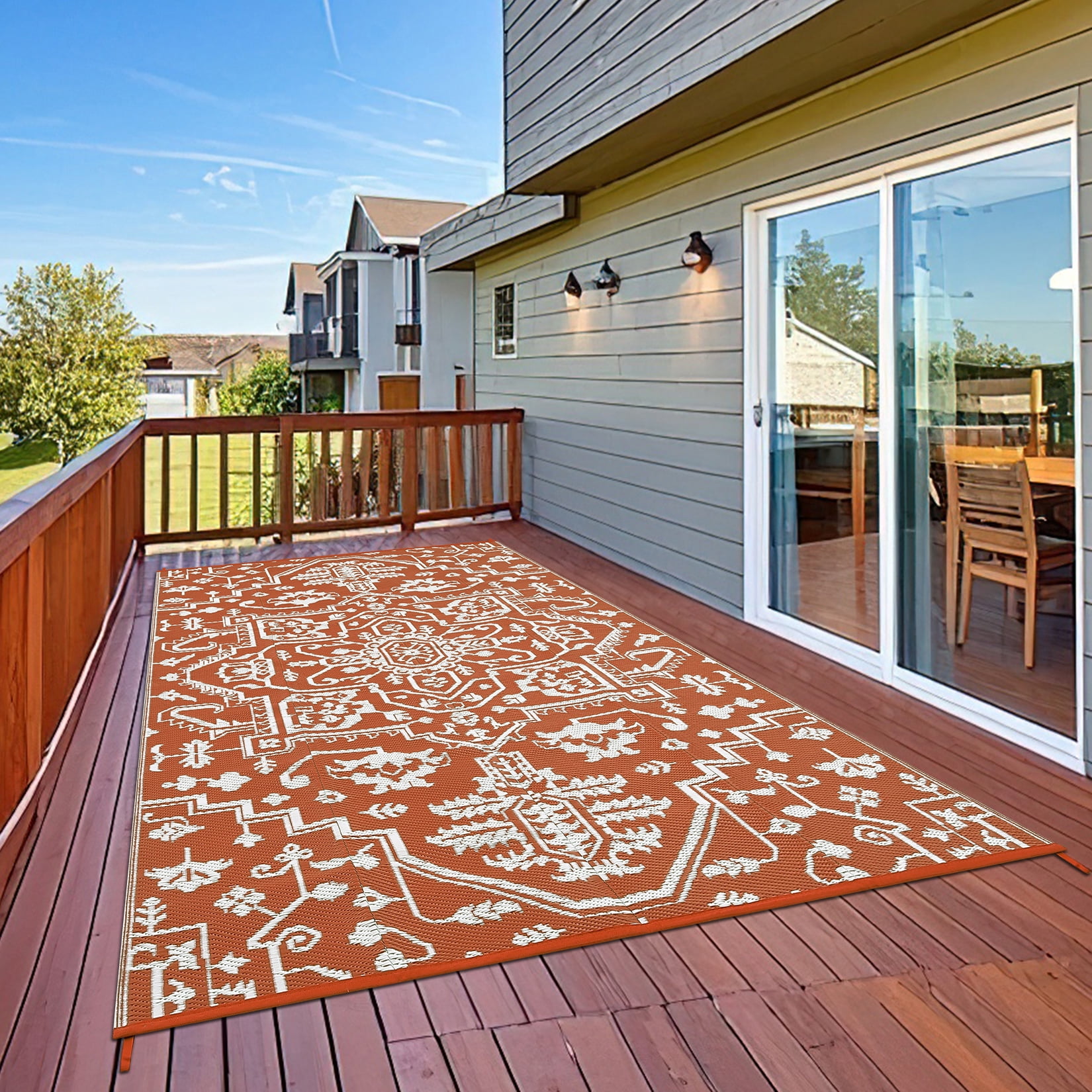 FairOnly 9'x12'Vintage Reversible Outdoor Area Rug Stain Resistant Carprt for Beach Picnic