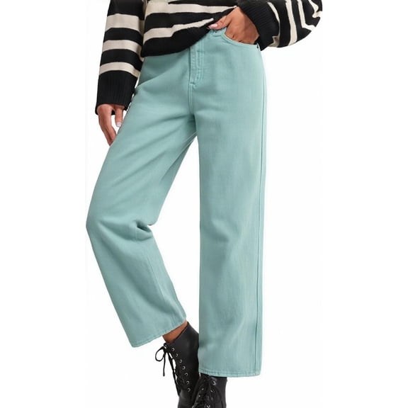 uublik Womens Jeans Cargo Jeans Casual High Waist Baggy Denim Cargo Pants with Pockets, Mint Green