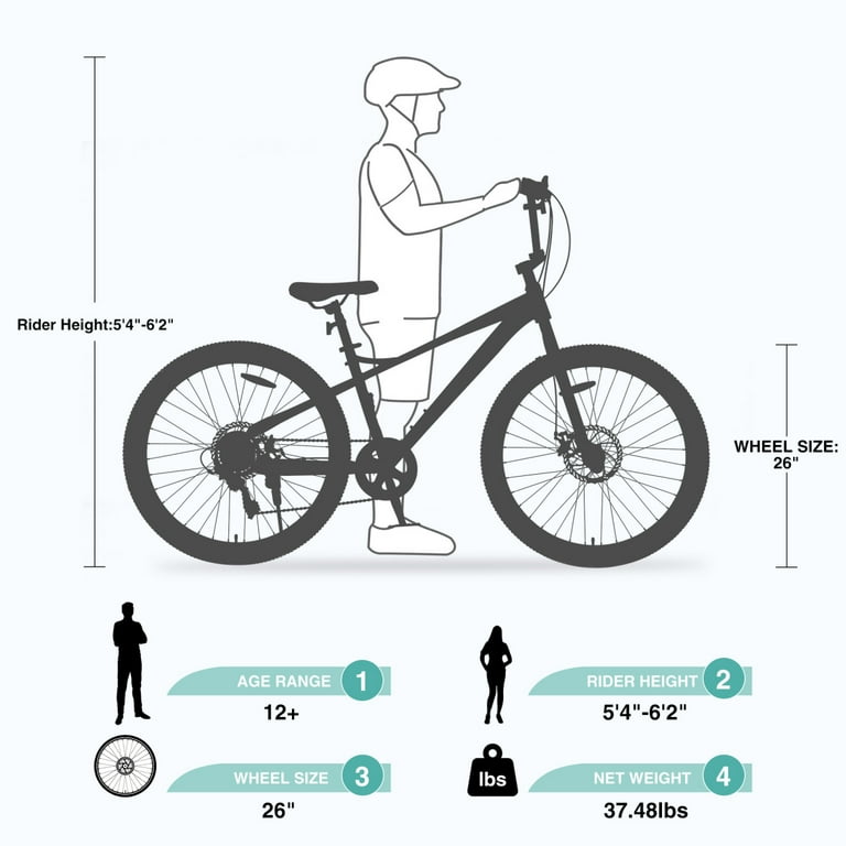 26 Inch Kids MTB Bike with Double Disc Brakes Shimano 7 Speed Youth Mountain Bike Bicycle for Boys Girls Age 12 Years Black Walmart