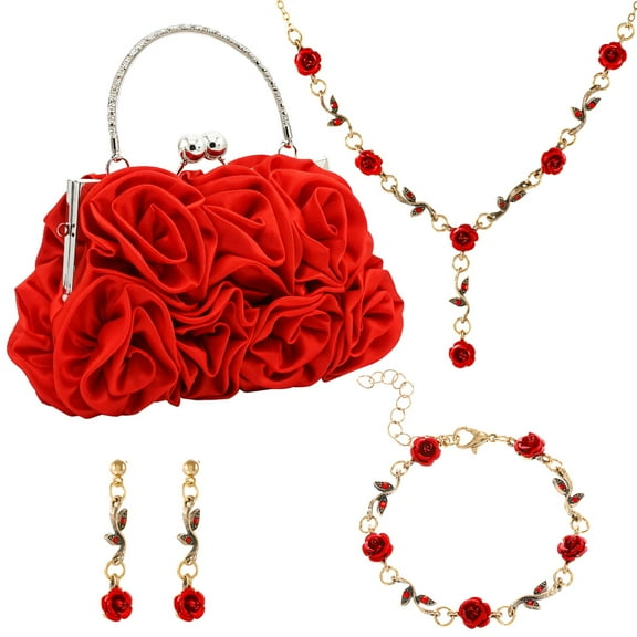 Rose Gold Jewelry Set for Wedding, Rose-Themed Evening Clutch Set, Necklace, Bracelet, Earrings, Elegant Accessories for Women, Great for Formal Occasions