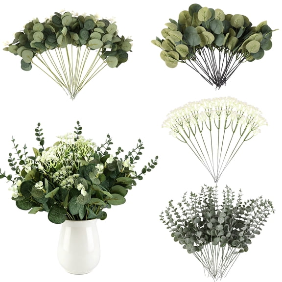 Yalumo 90 Pcs Artificial Eucalyptus Stems, 4 Kinds Mixed Artificial Eucalyptus Leaves Stem, Bulk Faux Silver Dollar Eucalyptus Stem Picks Plants Greenery