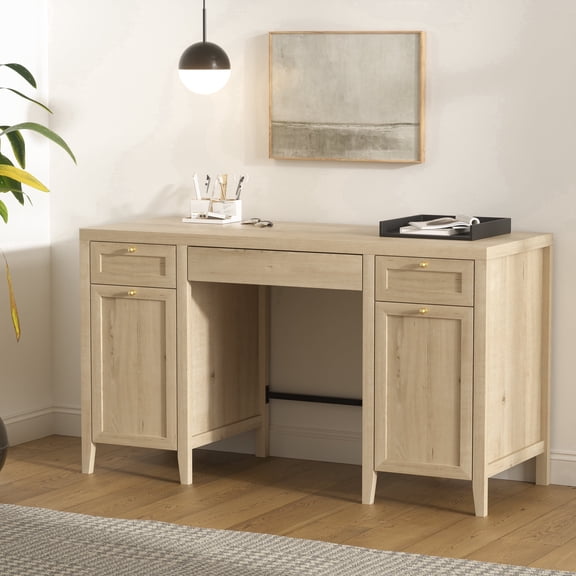 Joyyskill 52" Executive Desk with Storage Drawer, Farmhouse Home Office Desk with Storage Cabinet Wood Computer Writing Desk, Light Oak