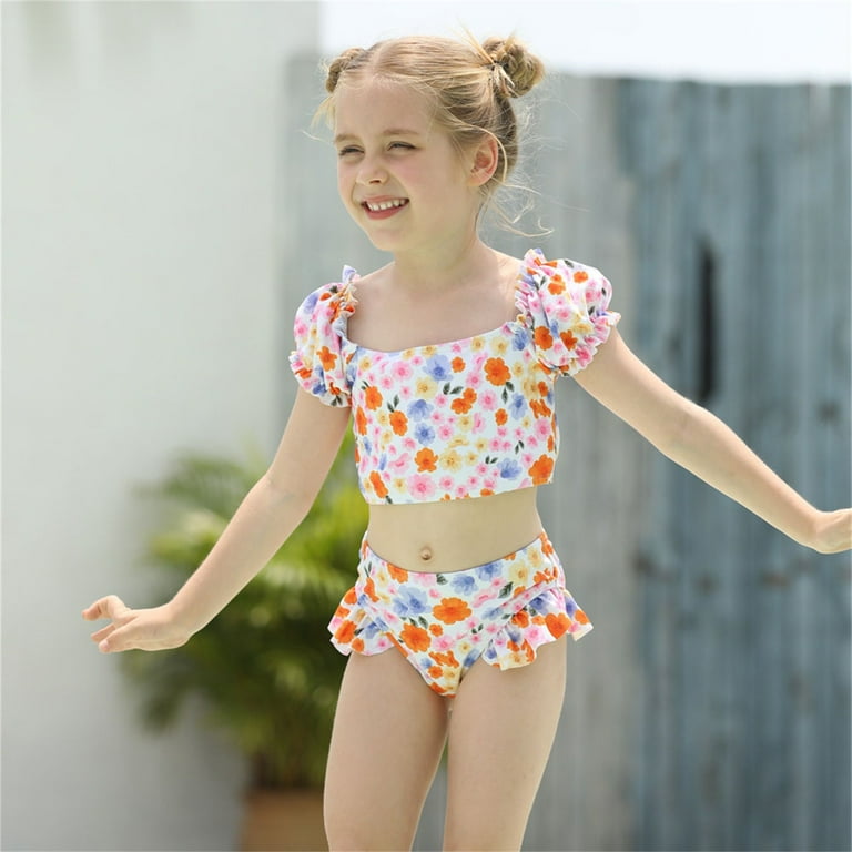 JDEFEG Youth Swimsuits Girls Girls Swimsuit Two Piece Ruffle Bathing Suit  Girls Flower Swimwear Swim Suits Size 6 Girls Girls Tops A 100 