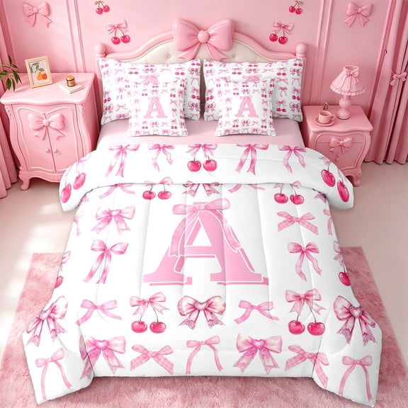 jejeloiu Pink Cherry Bow Monogram A 7-Piece Twin Bedding Sets For Girls,Coquette Bow tie Initial Bedding Comforter Set For Kids,Pink Reversible