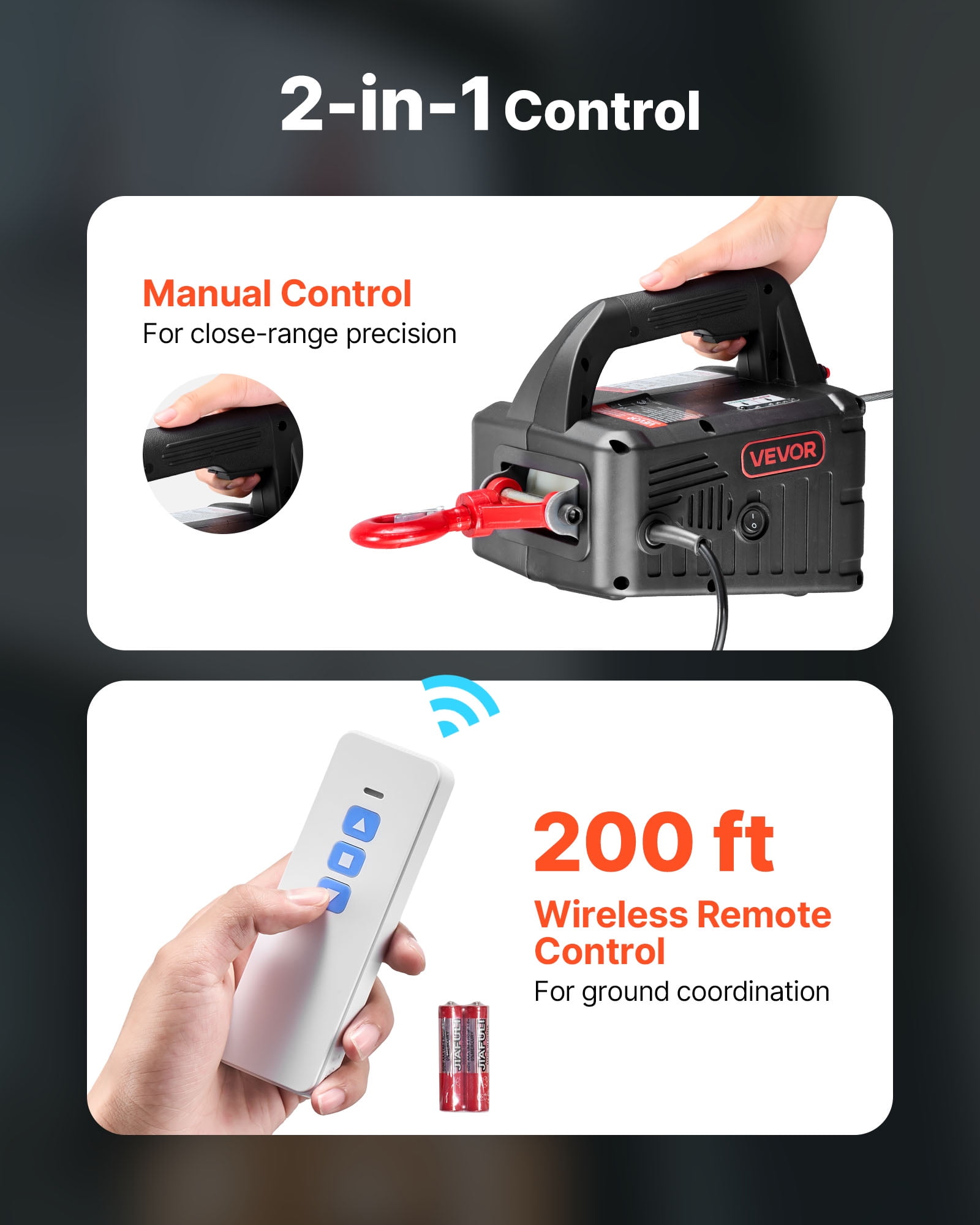VEVOR 2-in-1 Electric Hoist Winch, 1100 lbs Capacity, 1500W Portable Power Winch Crane, 25 ft Lifting Height, 16.4 ft/min with Manual and Wireless Remote Control for Factory, Warehouss, Garage