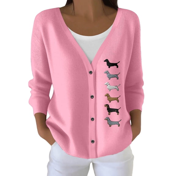 Women's Sweater V-Neck Long Sleeve Dog Print Button Front Cardigan Open Front Knit Top Jacket for Casual Outfits
