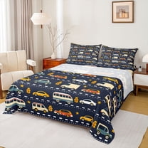 Feelyou Camping Bus Teens Full Size Sheets, Cartoon Car Vehicle Bed Sheets, 4pcs