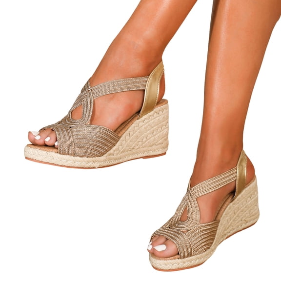 Wedge Sandals Women Espadrilles Casual Peep Toe Woven Slingback Wedges Heels Summer Beach Vacation Dress Shoes Gold Size 6.5
