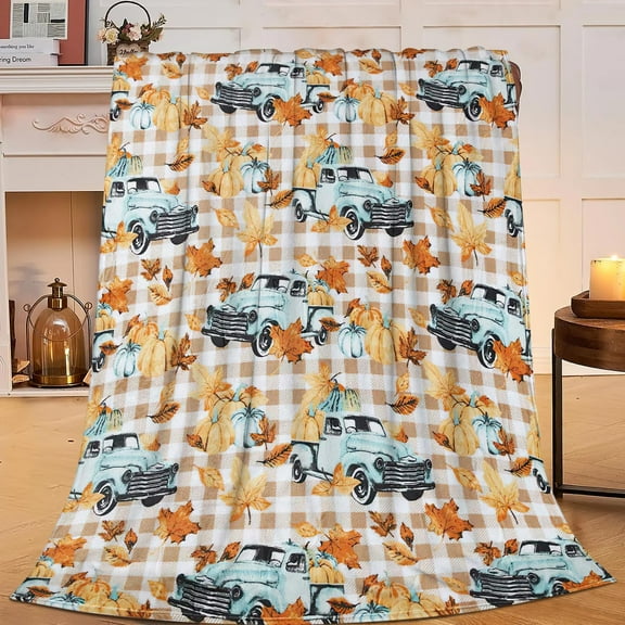 Fall Throw Blanket Fall Decor Blanket Autumn Pumpkin Leaves Farmhouse Truck Flannel Fleece Throw Blanket for Couch Super Warm Cozy Plush Lightweight Seasonal Bedding Blanket for Kids Adults 40"x50"