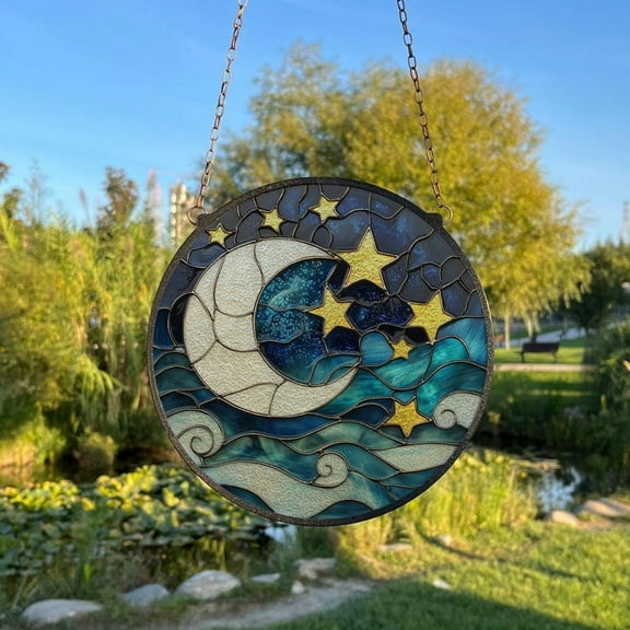 Moon and Stars Painted Stained Glass Suncatcher, Window Hanging Decor, Outdoor Sun Catcher Decor, Nursery Room Décor