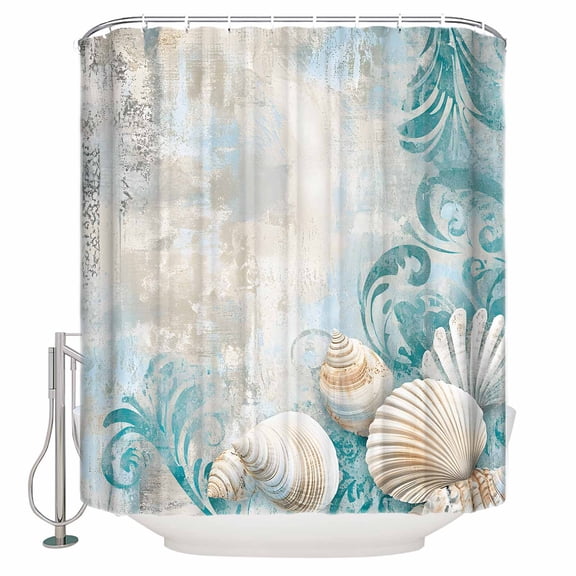 Small Stall Shower Curtain 36x72 Inch Narrow Half Size Teal Conch Coastal Bath Curtains Bathroom Decor Summer Beach Nautical Seaside Waterproof Fabric Shower Curtain Set with Hooks 36 Inch