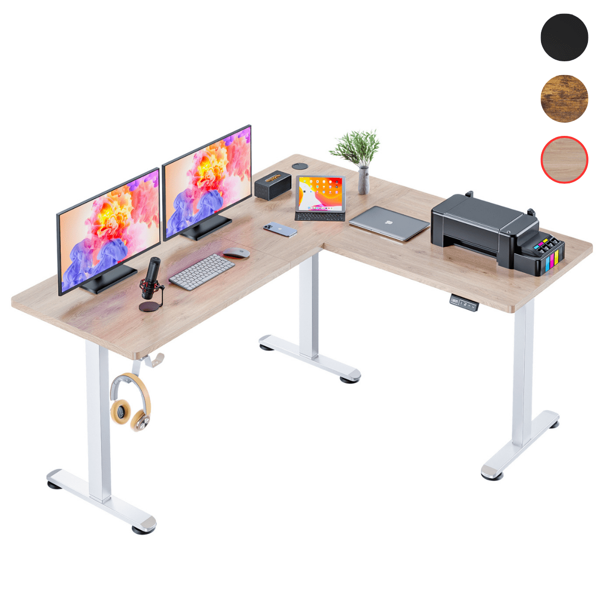 Legooin 63x55 inch L-Shaped Standing Desk Height Adjustable Sit-stand Desk Multi-Monitor Gaming Table Workstation for Home Office Oak